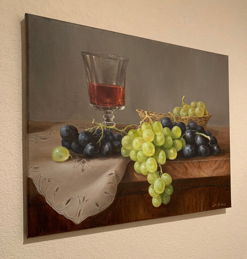 Grapes and Red Wine by Nikolay Rizhankov |   Closeup View of Artwork 