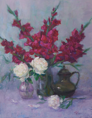 Original art for sale at UGallery.com | Gladiolas and Peonies by Oksana Johnson | $1,775 | oil painting | 28' h x 22' w | photo 1