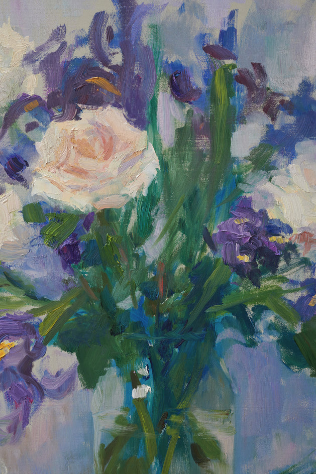 Irises and Roses by Oksana Johnson |  Closeup View of Artwork 