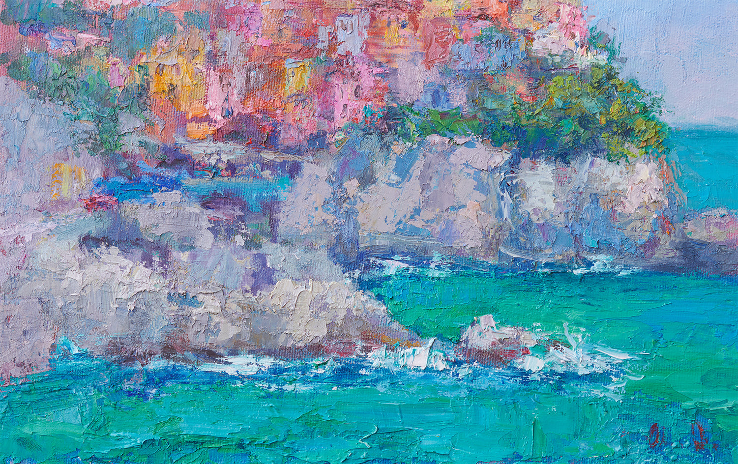 The Village by the Sea by Oksana Johnson |  Closeup View of Artwork 