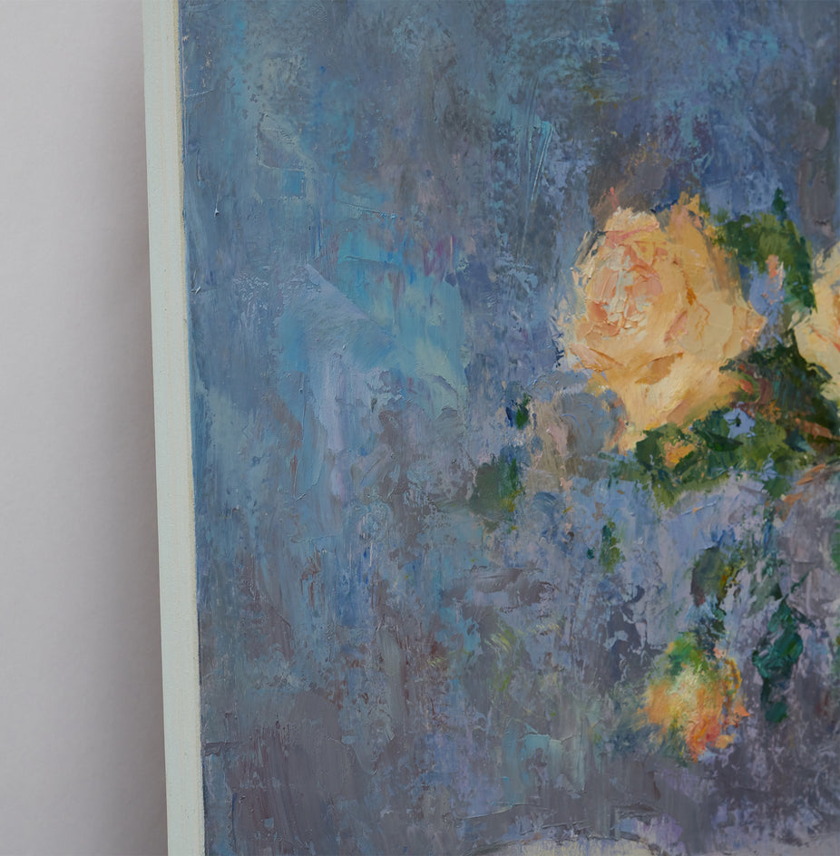 Yellow Roses and Italian Vase by Oksana Johnson |  Side View of Artwork 