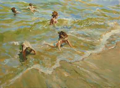 oil painting by Onelio Marrero titled Children Along the Seashore