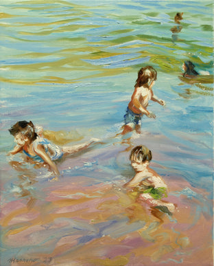 Original art for sale at UGallery.com | Children at Low Tide by Onelio Marrero | $575 | oil painting | 14' h x 11' w | photo 1