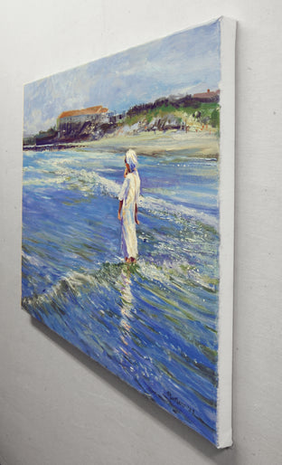 Hasidic Mother And Child In The Surf by Onelio Marrero |  Side View of Artwork 