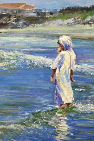 Hasidic Mother And Child In The Surf by Onelio Marrero |   Closeup View of Artwork 