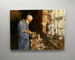 Original art for sale at UGallery.com | The Woodcarver by Onelio Marrero | $1,125 | oil painting | 18' h x 24' w | photo 3