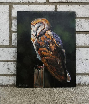 Original art for sale at UGallery.com | Barn Owl Blues by Jan Fontecchio Perley | $875 | oil painting | 14' h x 11' w | photo 3