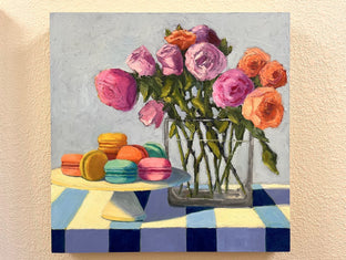 Original art for sale at UGallery.com | Roses on Blue Stripes by Pat Doherty | $975 | oil painting | 18' h x 18' w | photo 3