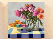 Original art for sale at UGallery.com | Roses on Blue Stripes by Pat Doherty | $1,200 | oil painting | 18' h x 18' w | thumbnail 3