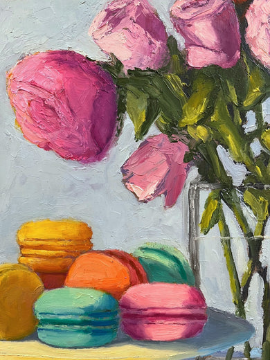 Roses on Blue Stripes by Pat Doherty |   Closeup View of Artwork 