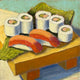 Original art for sale at UGallery.com | Sushi Board by Pat Doherty | $400 | oil painting | 8' h x 8' w | thumbnail 1