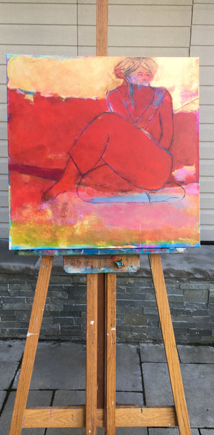 Original art for sale at UGallery.com | Pensive in Red by Robin Okun | $1,100 | acrylic painting | 24' h x 24' w | photo 3