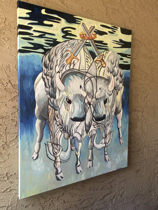 Original art for sale at UGallery.com | Cuddly Bison: Two of Swords by Rachel Srinivasan | $2,000 | oil painting | 48' h x 36' w | photo 2