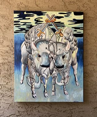 Original art for sale at UGallery.com | Cuddly Bison: Two of Swords by Rachel Srinivasan | $2,000 | oil painting | 48' h x 36' w | photo 3