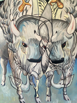 Original art for sale at UGallery.com | Cuddly Bison: Two of Swords by Rachel Srinivasan | $2,000 | oil painting | 48' h x 36' w | photo 4