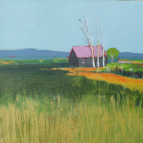 acrylic painting by Ruth LaGue titled Pink Roof White Birch