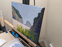 Original art for sale at UGallery.com | Shark Fin Rock, Santa Cruz, with a Burst of Yellow Flowers by Samuel Pretorius | $600 | acrylic painting | 11' h x 14' w | thumbnail 2