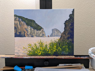 Shark Fin Rock, Santa Cruz, with a Burst of Yellow Flowers by Samuel Pretorius |  Context View of Artwork 
