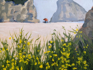 Shark Fin Rock, Santa Cruz, with a Burst of Yellow Flowers by Samuel Pretorius |   Closeup View of Artwork 