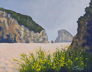 Original art for sale at UGallery.com | Shark Fin Rock, Santa Cruz, with a Burst of Yellow Flowers by Samuel Pretorius | $600 | acrylic painting | 11' h x 14' w | photo 1