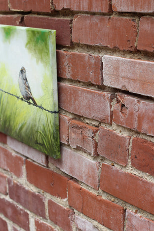 Original art for sale at UGallery.com | Bird on a Barbed Wire by Shela Goodman | $300 | oil painting | 11' h x 14' w | photo 2