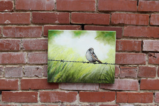 Original art for sale at UGallery.com | Bird on a Barbed Wire by Shela Goodman | $300 | oil painting | 11' h x 14' w | photo 3