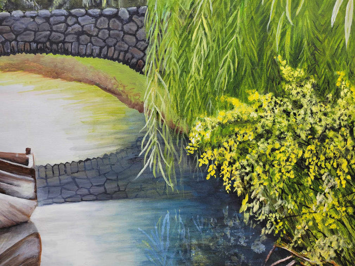 Bridge over Calm Water by Shela Goodman |   Closeup View of Artwork 