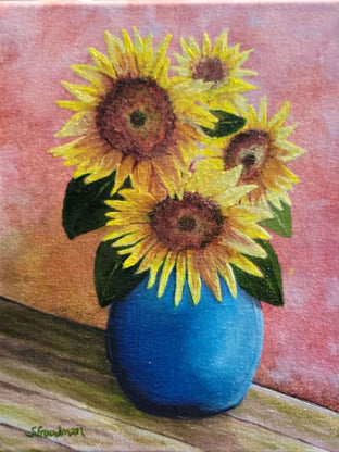 Original art for sale at UGallery.com | Sunflowers in Blue Vase by Shela Goodman | $300 | oil painting | 14' h x 11' w | photo 1