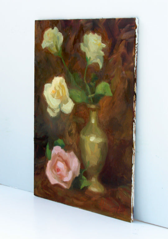 Roses in Brass Vase by Sherri Aldawood |  Side View of Artwork 