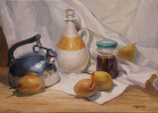 Original art for sale at UGallery.com | Pears and Containers by Shuxing Fan | $775 | oil painting | 12' h x 16' w | photo 1