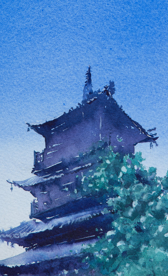 Watercolor Impressions of Chinese Architecture 2 by Siyuan Ma |  Closeup View of Artwork 