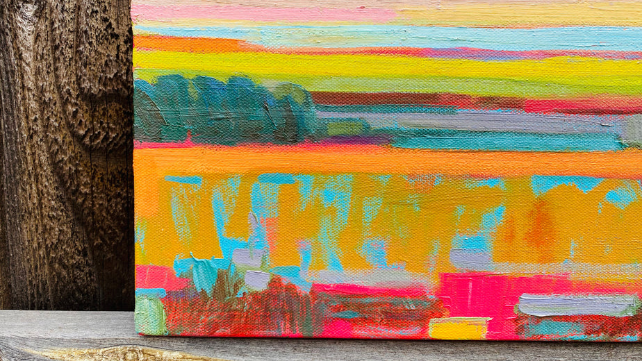 Teal Fields and Pink Clouds -1 by Srinivas Kathoju |   Closeup View of Artwork 