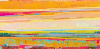 Original art for sale at UGallery.com | Teal Fields and Pink Clouds -1 by Srinivas Kathoju | $650 | oil painting | 12' h x 24' w | thumbnail 1