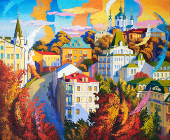 oil painting by Stanislav Sidorov titled Kyiv, Ukraine. Andreevsky Spusk. Bell Ringing.