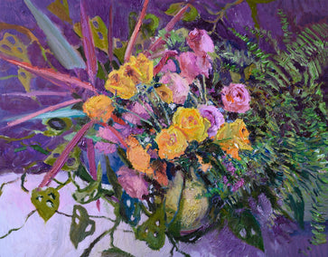 oil painting by Suren Nersisyan titled Roses and Houseplants