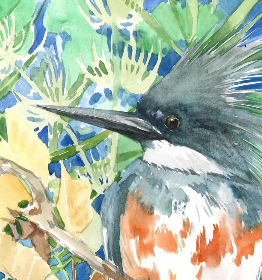 Belted Kingfisher and Foliage by Suren Nersisyan |  Side View of Artwork 
