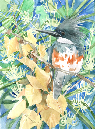 Original art for sale at UGallery.com | Belted Kingfisher and Foliage by Suren Nersisyan | $325 | watercolor painting | 16' h x 12' w | photo 1