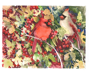 Cardinal Birds in the Woods by Suren Nersisyan |   Closeup View of Artwork 