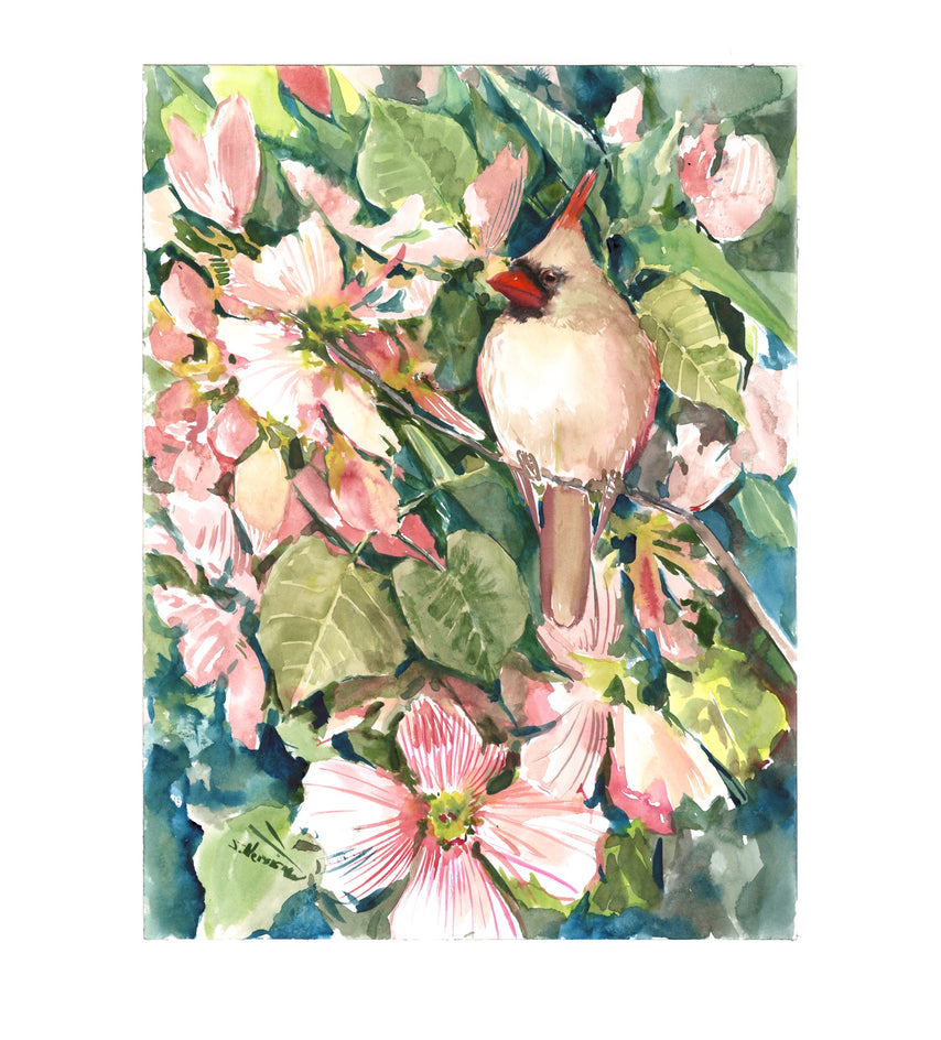 Female Cardinal in the Spring Forest by Suren Nersisyan |  Closeup View of Artwork 