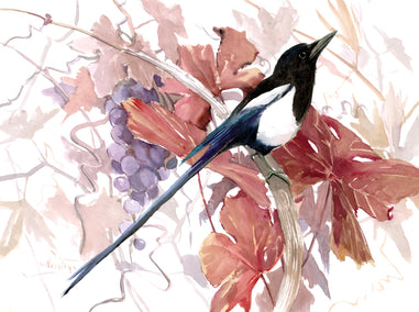 watercolor painting by Suren Nersisyan titled Magpie and Grape Vine, Fall
