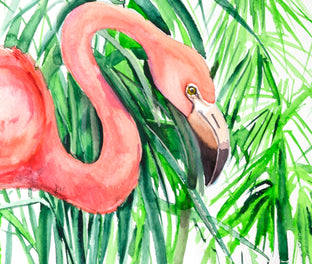 Pink Flamingo and Green Foliage by Suren Nersisyan |   Closeup View of Artwork 
