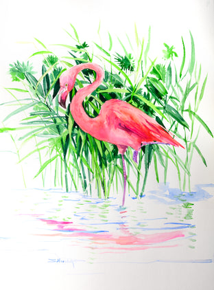 Original art for sale at UGallery.com | Standing Flamingo by Suren Nersisyan | $350 | watercolor painting | 24' h x 18' w | photo 1