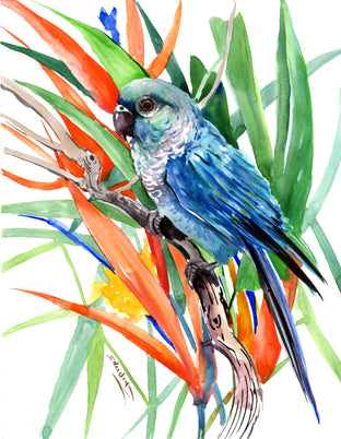 Original art for sale at UGallery.com | Sun Conure and Paradise Flowers 2 by Suren Nersisyan | $300 | watercolor painting | 14' h x 11' w | photo 3