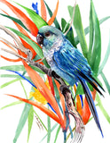 Original art for sale at UGallery.com | Sun Conure and Paradise Flowers 2 by Suren Nersisyan | $300 | watercolor painting | 14' h x 11' w | thumbnail 1