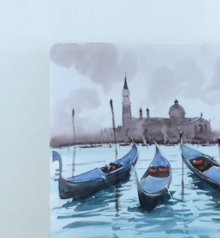 Original art for sale at UGallery.com | Blue Gondolas and Brown Sky by Swarup Dandapat | $575 | watercolor painting | 14.2' h x 14.2' w | photo 2