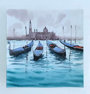 Original art for sale at UGallery.com | Blue Gondolas and Brown Sky by Swarup Dandapat | $575 | watercolor painting | 14.2' h x 14.2' w | photo 4