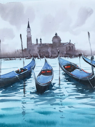 Original art for sale at UGallery.com | Blue Gondolas and Brown Sky by Swarup Dandapat | $575 | watercolor painting | 14.2' h x 14.2' w | photo 3