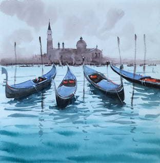 Original art for sale at UGallery.com | Blue Gondolas and Brown Sky by Swarup Dandapat | $575 | watercolor painting | 14.2' h x 14.2' w | photo 1