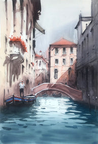 watercolor painting by Swarup Dandapat titled Sailing through Venice Canals