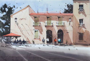 Original art for sale at UGallery.com | The Cafe in Shade by Swarup Dandapat | $750 | watercolor painting | 15' h x 22' w | photo 1